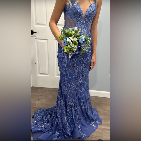 Gorgeous Ellie Wilde Prom Dress sz4 Dusk blue periwinkle EW36003 sequin & lace - Picture 4 of 17